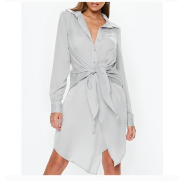 Missguided Long Sleeve Button Tie Front Shirt Dress Gray 8 - Picture 1 of 9